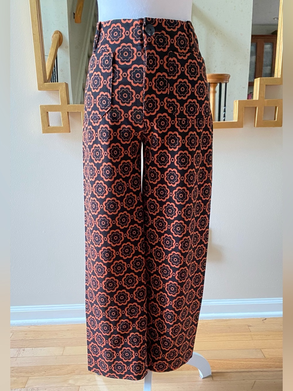 Anthropologie Maeve The Colette Wide-Leg Ponte Pants Black Orange MedallionSz 26 - Picture 5 of 16